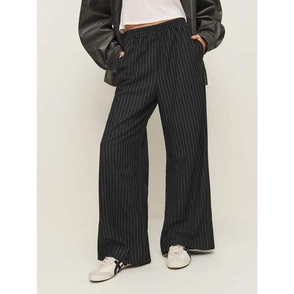 Reformation Black and White Pinstripe Tully Wide Leg Pull On Pant, Size XL - Picture 2 of 16
